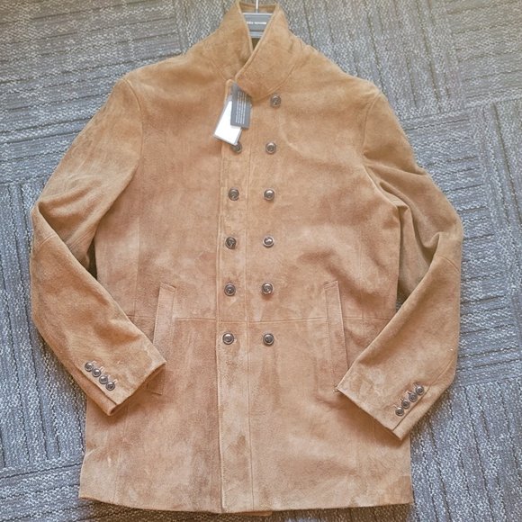 John Varvatos BRUSHED SUEDE DOUBLE BREASTED COAT IN WALNUT - Picture 2 of 11